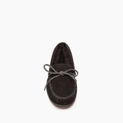 Minnetonka Sheepskin Hardsoles Moc with rawhide lace and rubber cupsole.