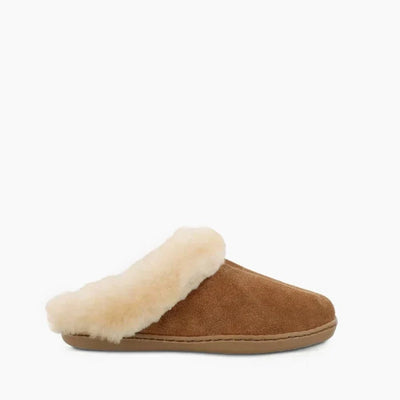 Pre Order Minnetonka Sheepskin Mule slipper with suede exterior, plush sheepskin cuff, and durable rubber sole.