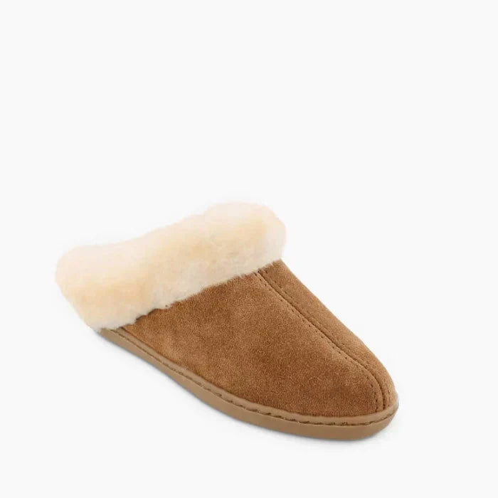 Minnetonka Sheepskin Mule Slippers with suede exterior and plush sheepskin lining.