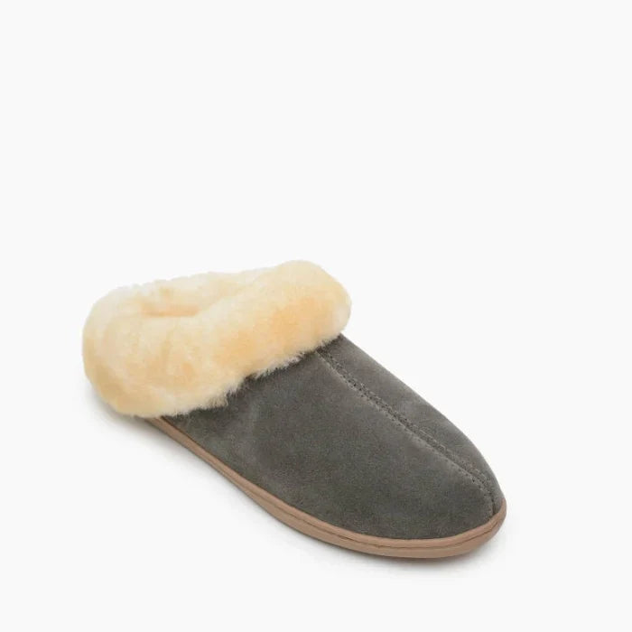 Pre Order Minnetonka SHEEPSKIN MULE with suede and sheepskin lining, durable rubber sole.