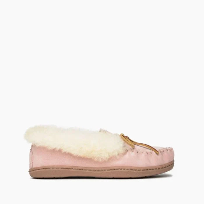 Minnetonka Alpine Sheepskin Moccasin in pink suede with plush sheepskin lining and rugged rubber sole.