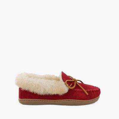 Red Minnetonka Alpine Sheepskin Moc with suede, sheepskin lining, and rugged rubber sole.