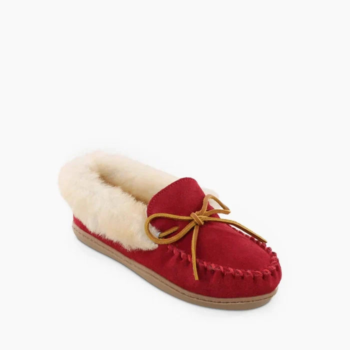 Red Minnetonka Alpine Sheepskin Moc with suede, sheepskin lining, and rugged rubber sole.