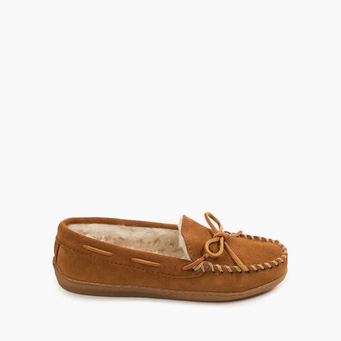 Minnetonka moccasin with genuine suede, cozy pile lining, memory foam insole, and durable rubber sole.