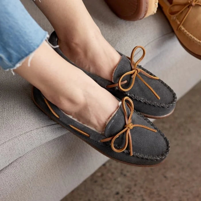 Minnetonka PILE LINED HARDSOLE moccasins with genuine suede, soft pile lining, and durable rubber sole for comfort and style.