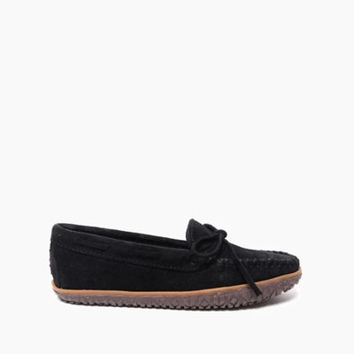 Pre-Order Minnetonka Tie-Tread Shoe in black suede with tie detail and durable rubber sole.