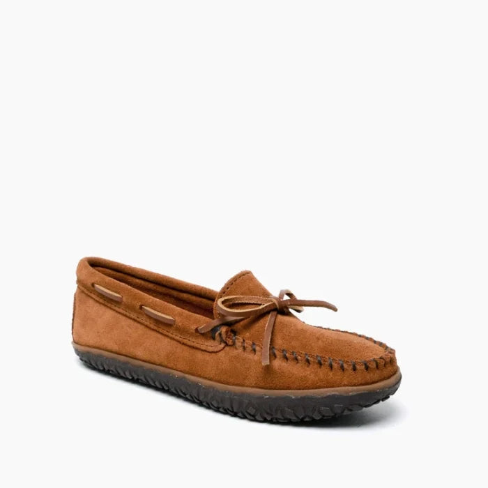 Minnetonka Tie-Tread Shoe in suede with rubber sole and rawhide lace.