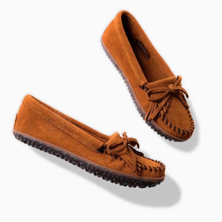 Pre-Order Minnetonka Tie-Tread Shoe with suede upper and rawhide lace.