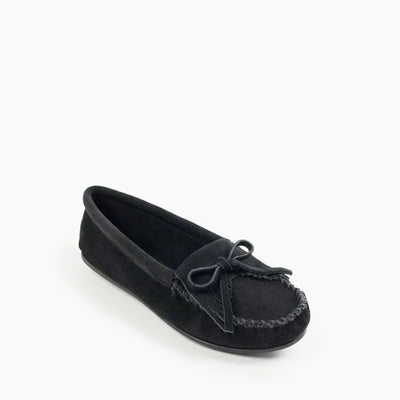 Minnetonka Kilty Hardsole Moccasins in black suede with intricate stitching and durable rubber sole.