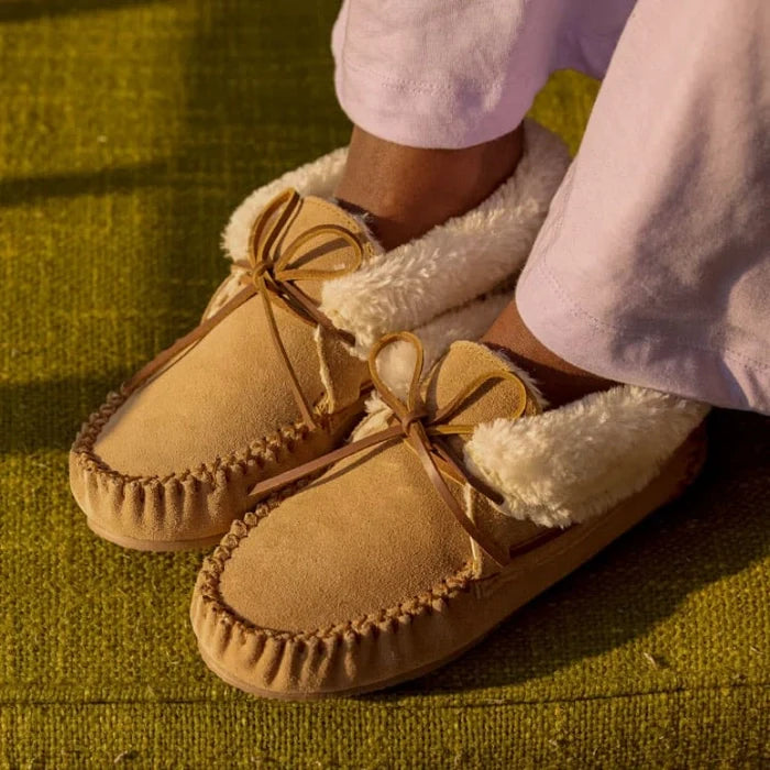 Pre Order Minnetonka CHRISSY SHOES in soft suede with plush pile lining and rawhide lace accents.