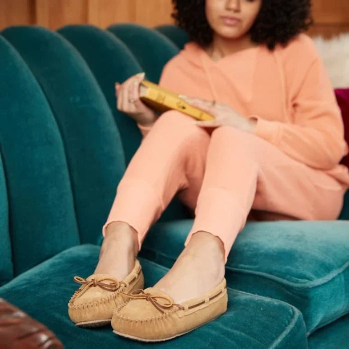 Luxurious suede Minnetonka CALLY SHOES with cozy sheepskin lining and durable rubber sole.