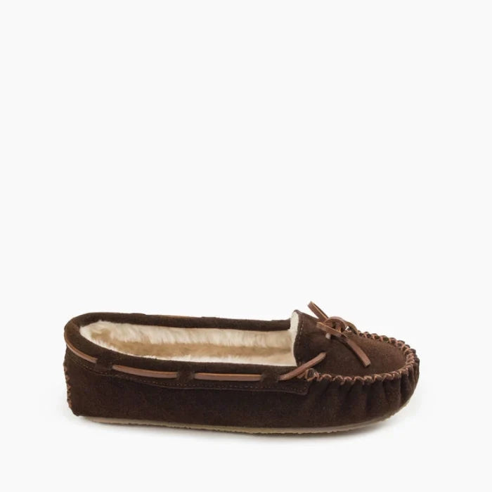 Pre Order Minnetonka CALLY SHOES, brown suede moccasins with sheepskin lining and rubber sole.