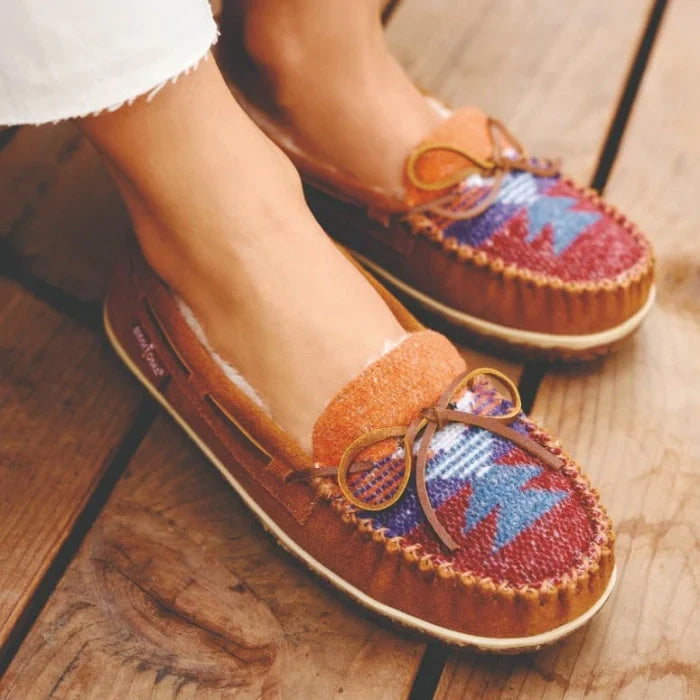 Pre Order Minnetonka TILIA SHOES in suede with colorful pattern and rawhide lace.