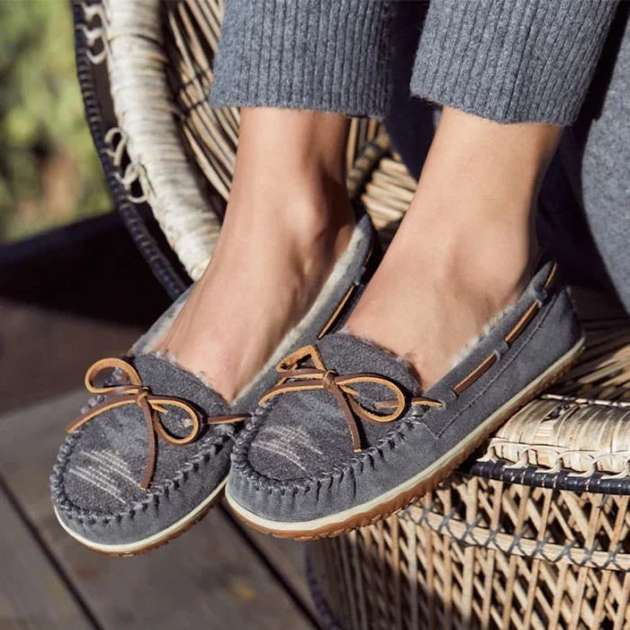 Minnetonka TILIA shoes in grey suede with rawhide lace accents, water-resistant, featuring a durable MiniTREAD rubber sole.