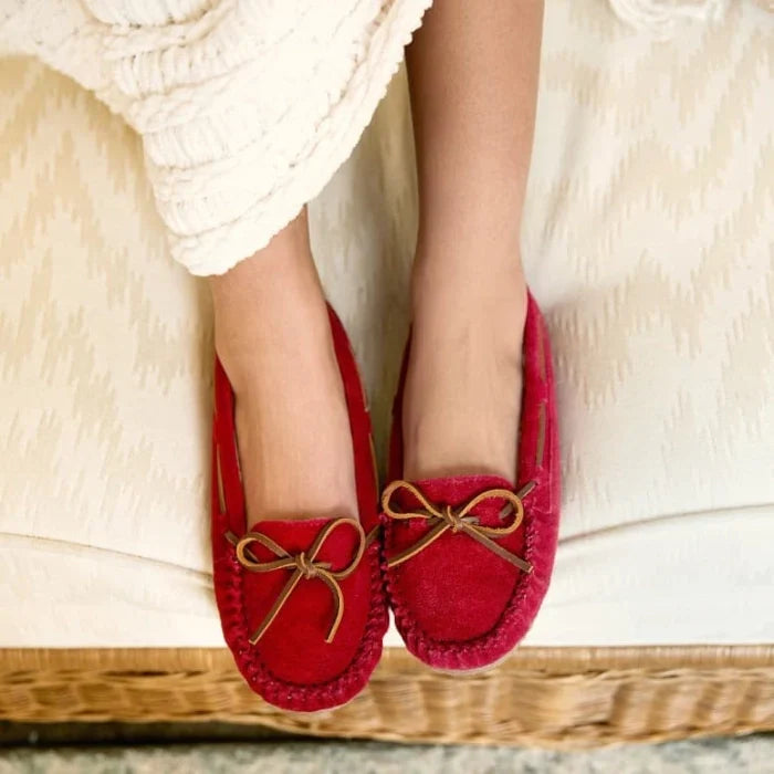 Pre Order Minnetonka CALLY SHOES in red suede with sheepskin lining and rubber sole for comfort and durability.