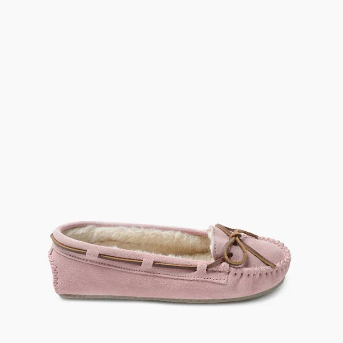 Luxurious pink suede Minnetonka CALLY shoes with sheepskin lining and rubber sole for comfort and style.