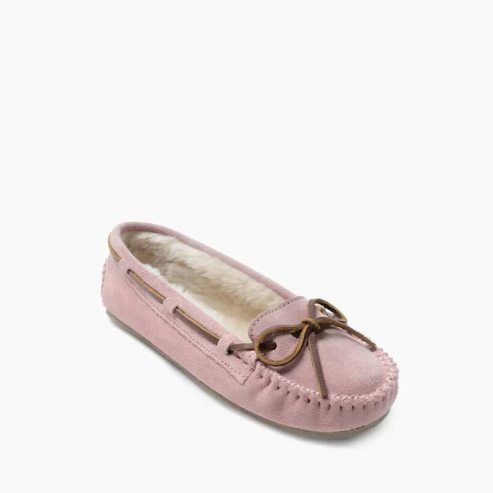 Pre Order Minnetonka CALLY SHOES, pink suede with sheepskin lining, rubber sole, foldable collar.