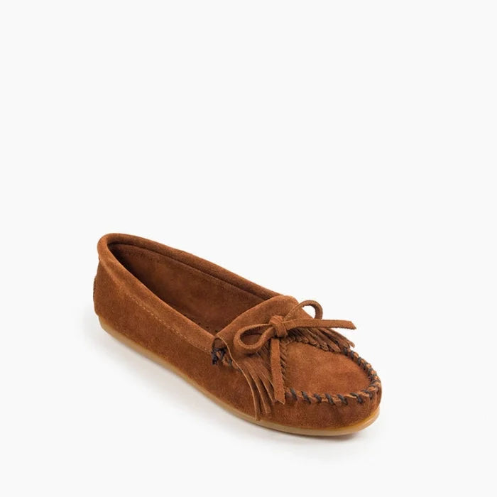 Minnetonka Kilty Hardsole moccasin in brown suede with stitching and beading detail.