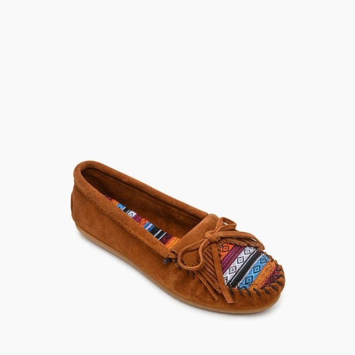 Minnetonka KILTY HARDSOLE moccasin in premium suede with intricate stitching and beading.