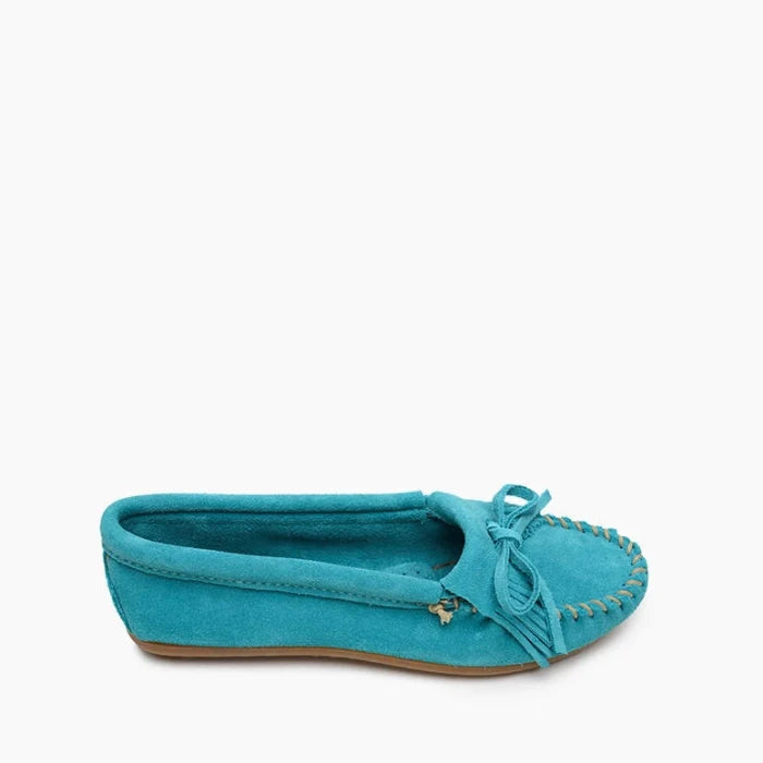 Minnetonka Kilty Hardsole Moccasin in blue suede, showcasing premium craftsmanship and hardsole design.