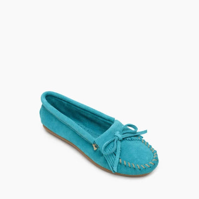 Minnetonka Kilty Hardsole Moccasins, teal suede leather, heritage footwear, preorder available.