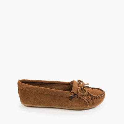 Pre Order Minnetonka KILTY HARDSOLE suede moccasin with intricate stitching and rubber sole.