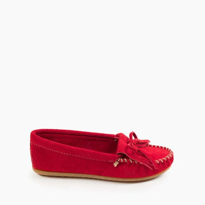 Red Minnetonka KILTY HARDSOLE moccasin with premium suede leather and intricate stitching.