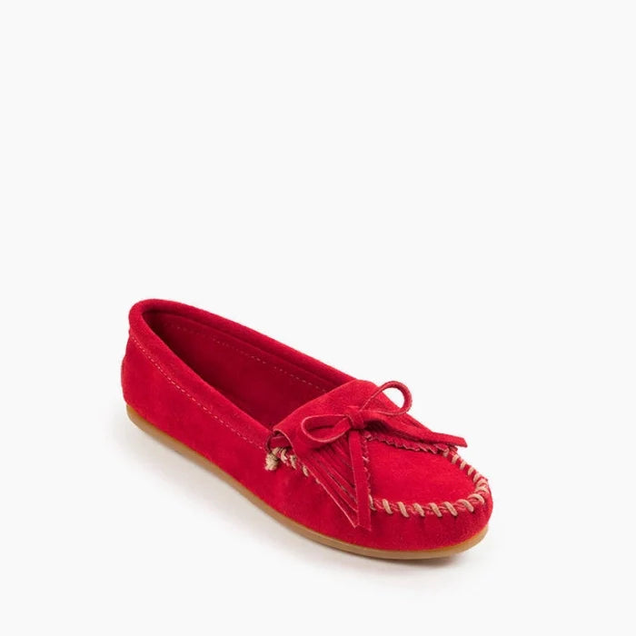 Red Minnetonka Kilty Hardsole moccasin with suede leather and detailed stitching, preorder.