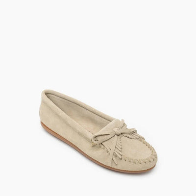 Minnetonka Kilty Hardsole Moccasin in premium suede leather with tassel detail, pre-order available.