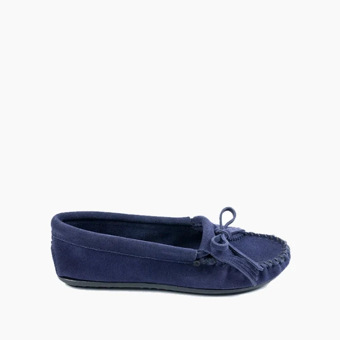 Minnetonka Kilty Hardsole Moccasins in navy suede with intricate stitching and beading.