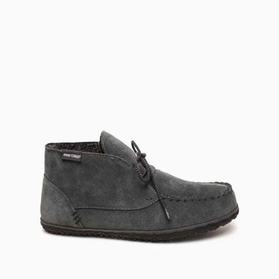 Minnetonka Men's Torrey Shoes in dark gray suede, featuring reinforced cotton lace and comfortable Steele & Pile lining for versatile, everyday wear.