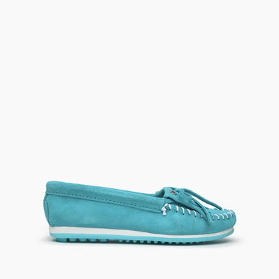 Teal Minnetonka KILTY PLUS moccasins with suede finish and rubber sole.