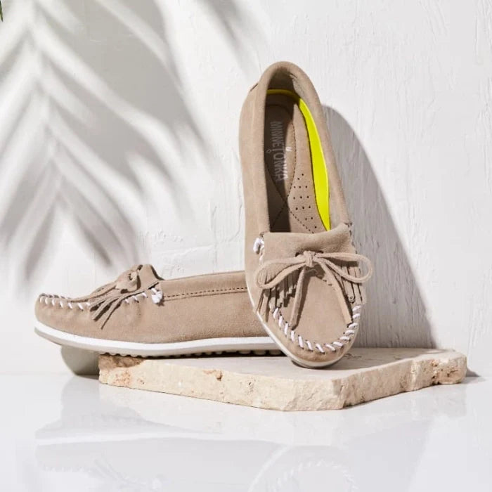 Pre Order Minnetonka Kilty Plus moccasins on display, made from premium suede with bow detail.