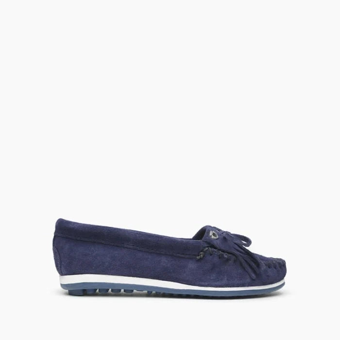 Minnetonka KILTY PLUS moccasins in navy suede with water-resistant treatment.