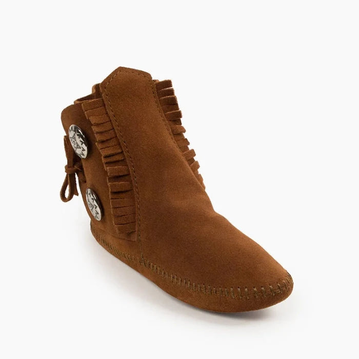 Minnetonka TWO BUTTON BOOT for Women in soft suede with decorative buttons.
