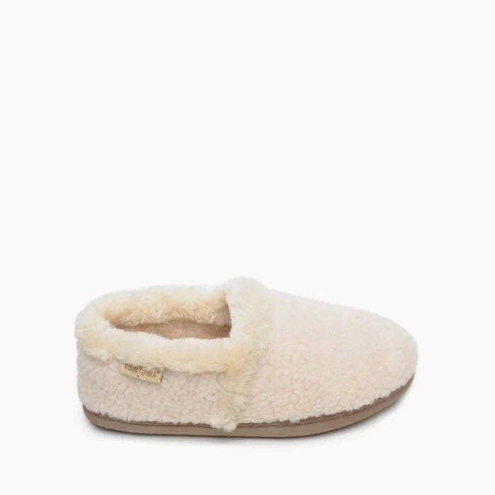 Minnetonka DINA slippers in Berber material with pile lining and rubber sole.