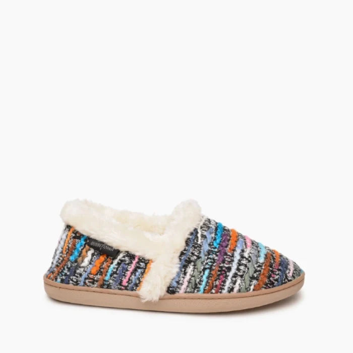 Minnetonka DINA slippers with colorful knit material, plush pile lining, and rubber sole.