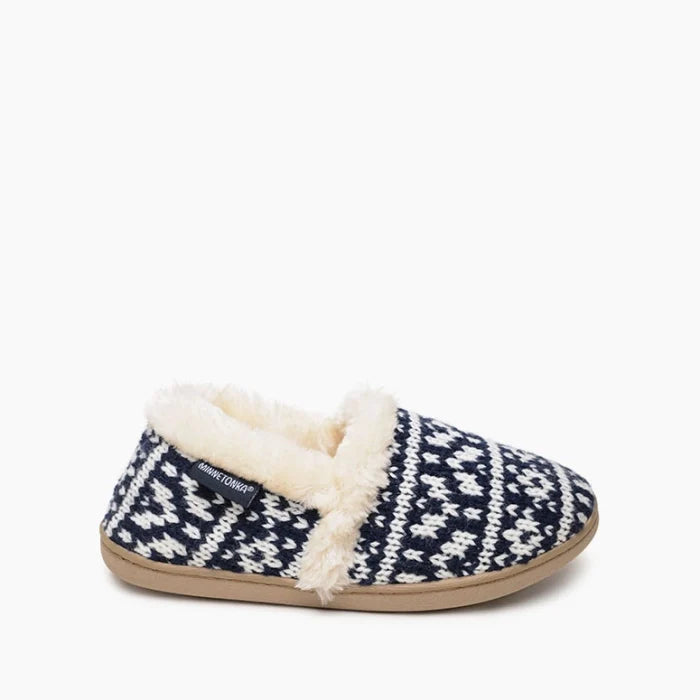 Minnetonka DINA slippers with knit material, pile lining, memory foam insole, and rubber sole.