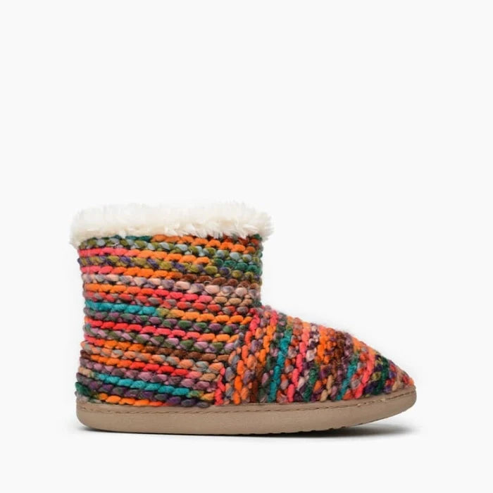 Colorful knit Minnetonka Betty slipper with plush lining and durable sole.