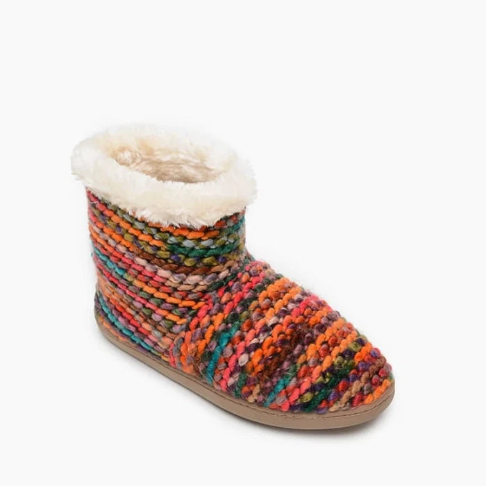 Colorful knit Minnetonka Betty shoes with plush lining and durable rubber sole.