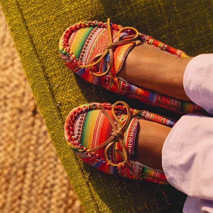 Pre Order Minnetonka CALLY SHOES with colorful design, suede, and sheepskin lining.