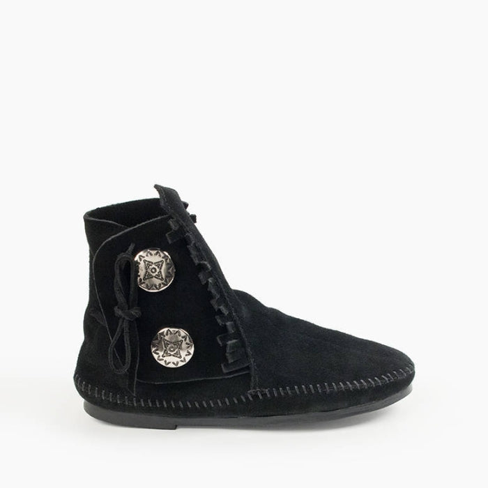 Minnetonka TWO BUTTON BOOT for women in black suede with decorative buttons and padded insole.
