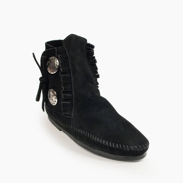 Minnetonka TWO BUTTON BOOT for Women in black suede with decorative silver buttons.
