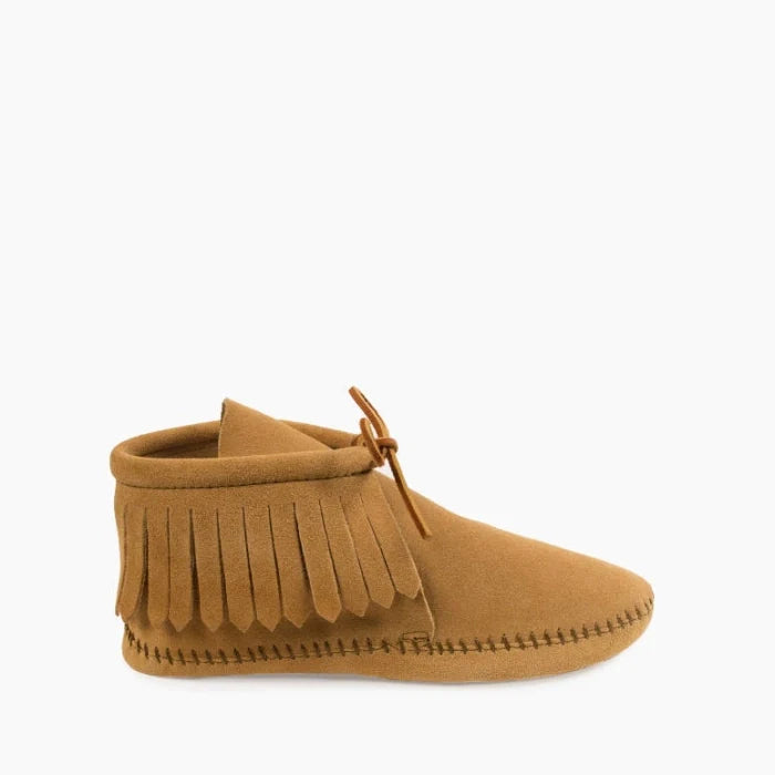 IN SHOP Minnetonka Classic Fringe Boot for women in soft suede with fringe detailing and rawhide lace, available with hardsole or softsole options