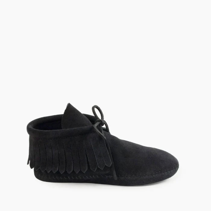 IN SHOP Minnetonka classic black suede fringe boot for women with softsole and rawhide lace
