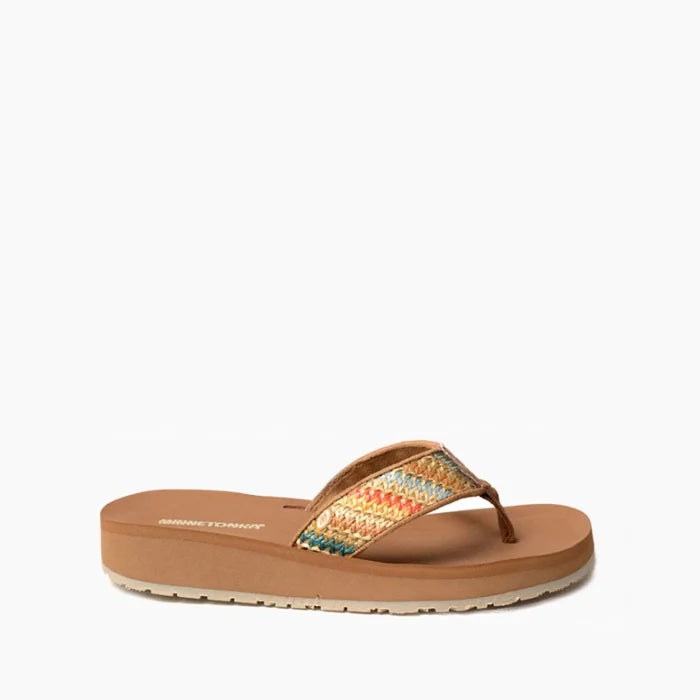 Minnetonka Hedy 2.0 sandals with vibrant Frisco Stripe pattern and durable TPR outsole.