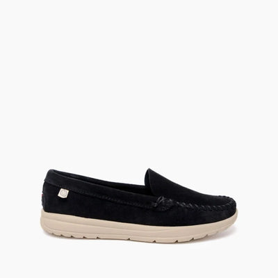 Minnetonka Discover Classic Shoes, black moccasin, durable suede, water and stain resistant, preorder.