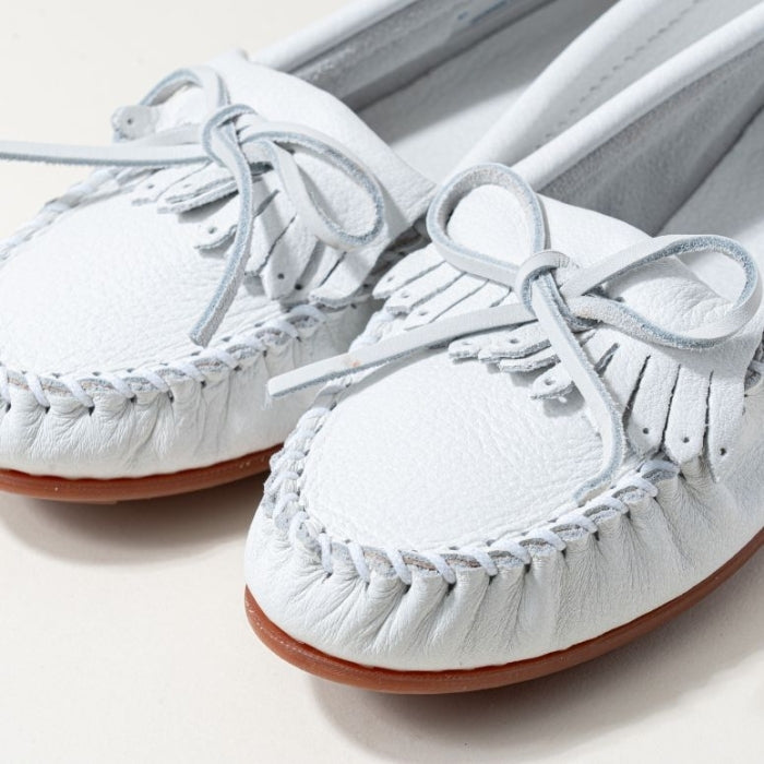 White Minnetonka DEERSKIN Kilty moccasins for women with rawhide lace and rubber sole