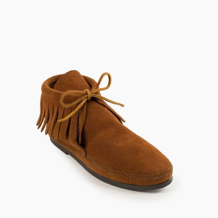 IN SHOP Minnetonka Classic Fringe Boot for women in brown suede with fringe detailing and tied rawhide lace, available with hardsole or softsole options
