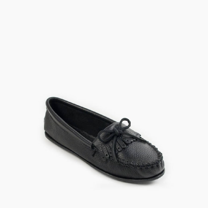 Black Minnetonka DEERSKIN Kilty moccasin with rawhide lace and padded insole for women
